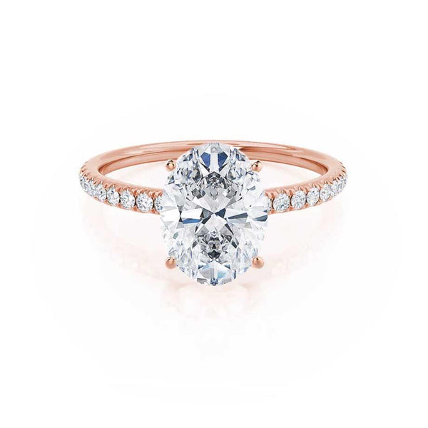 MACY - Oval Moissanite & Diamond 18k Rose Gold Petite Pavé Shoulder Set Ring Engagement Ring Lily Arkwright