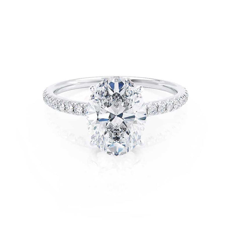 MACY - Oval Moissanite & Diamond 18k White Gold Petite Pavé Shoulder Set Ring Engagement Ring Lily Arkwright
