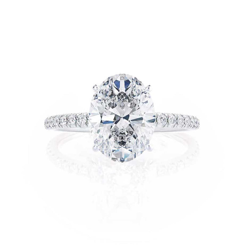 MACY - Oval Moissanite & Diamond 18k White Gold Petite Pavé Shoulder Set Ring Engagement Ring Lily Arkwright