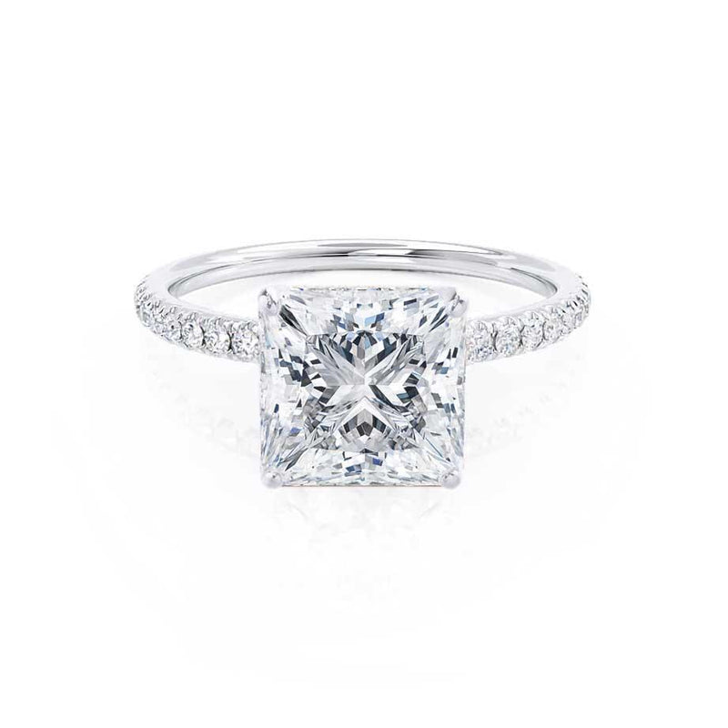 MACY - Princess Moissanite & Diamond 18k White Gold Petite Pavé Shoulder Set Ring Engagement Ring Lily Arkwright