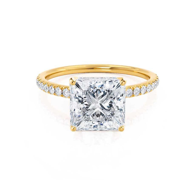 MACY - Princess Moissanite & Diamond 18k Yellow Gold Petite Pavé Shoulder Set Ring Engagement Ring Lily Arkwright