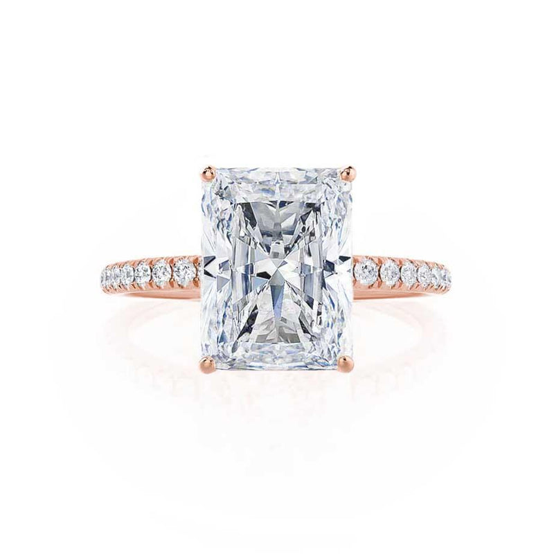 MACY - Radiant Moissanite & Diamond 18k Rose Gold Petite Pavé Shoulder Set Ring Engagement Ring Lily Arkwright