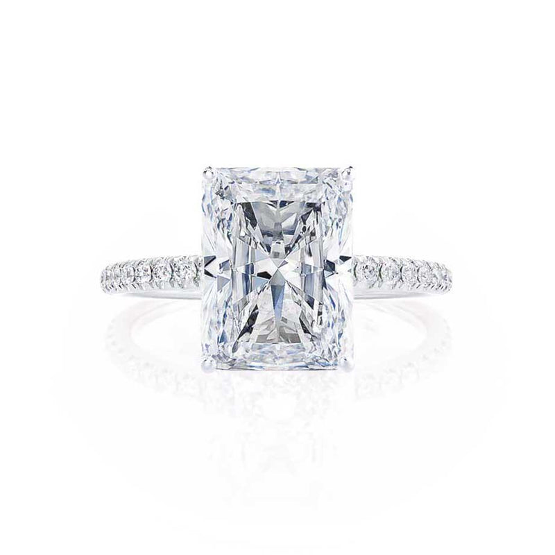 MACY - Radiant Moissanite & Diamond 950 Platinum Petite Pavé Shoulder Set Ring Engagement Ring Lily Arkwright