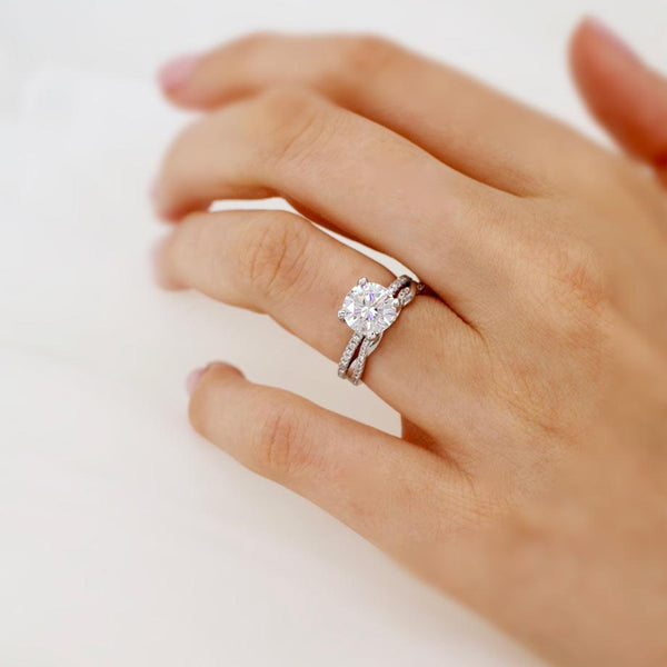 MACY - Round Moissanite & Diamond 18k White Gold Petite Pavé Shoulder Set Ring Engagement Ring Lily Arkwright