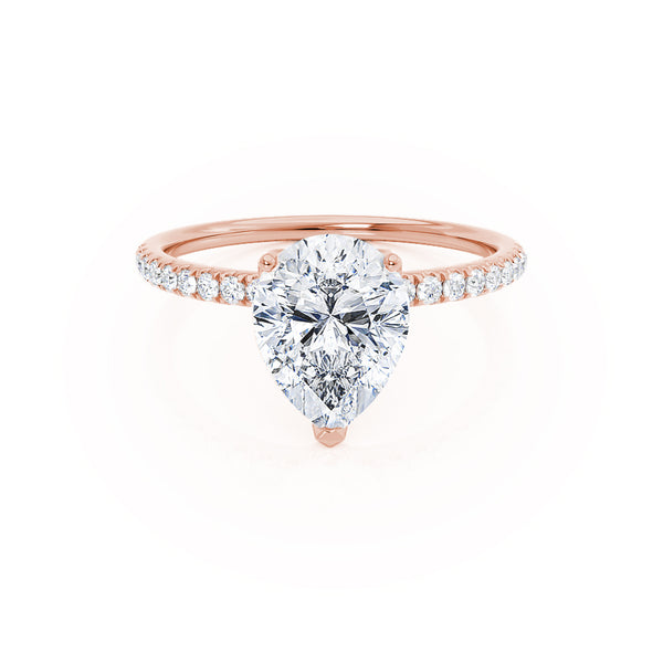 MACY - Pear Moissanite 18k Rose Gold Petite Shoulder Set Engagement Ring Lily Arkwright