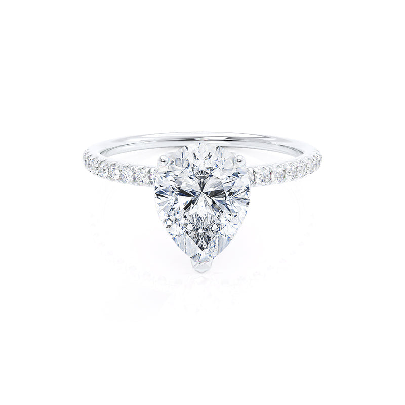 MACY - Pear Moissanite 950 Platinum Petite Shoulder Set Engagement Ring Lily Arkwright