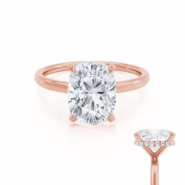PARIS - Elongated Cushion Moissanite & Diamond 18k Rose Gold Hidden Halo Engagement Ring Lily Arkwright