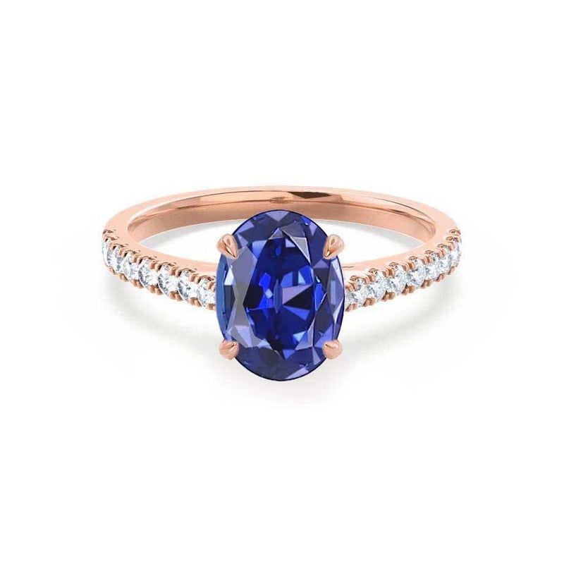 VIOLA - Chatham® Blue Sapphire Oval & Diamond 18k Rose Gold Shoulder Set Ring Engagement Ring Lily Arkwright