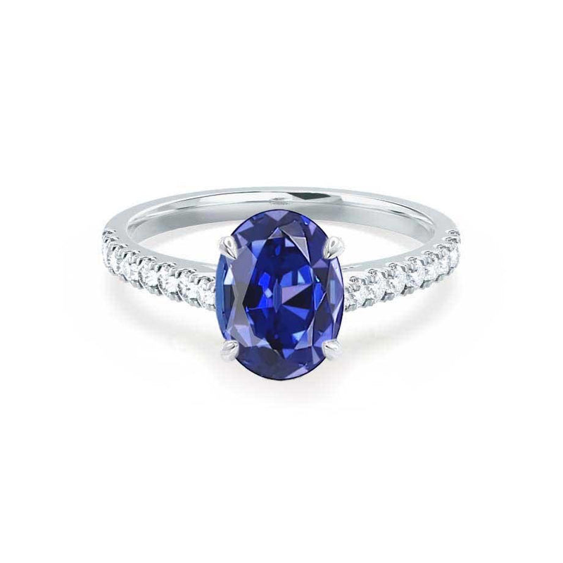 VIOLA - Chatham® Blue Sapphire Oval  & Diamond 18k White Gold Shoulder Set Ring Engagement Ring Lily Arkwright