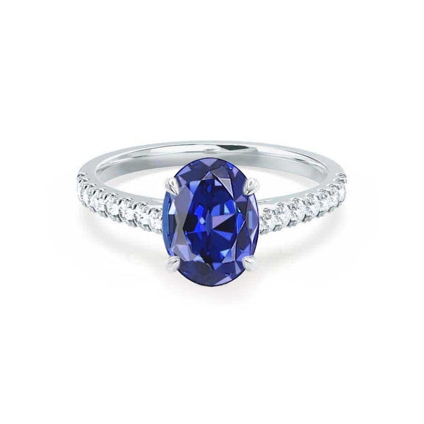 VIOLA - Chatham® Blue Sapphire Oval  & Diamond 950 Platinum Shoulder Set Ring Engagement Ring Lily Arkwright
