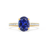 VIOLA - Chatham® Blue Sapphire Oval  & Diamond 18k Yellow Gold Shoulder Set Ring Engagement Ring Lily Arkwright