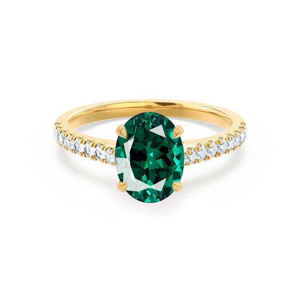VIOLA - Chatham® Emerald Oval & Diamond 18k Yellow Gold Shoulder Set Ring Engagement Ring Lily Arkwright