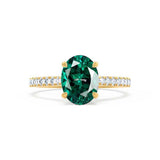 VIOLA - Chatham® Emerald Oval & Diamond 18k Yellow Gold Shoulder Set Ring Engagement Ring Lily Arkwright