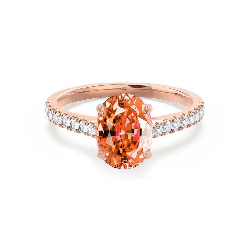 VIOLA - Chatham® Padparadscha Oval & Diamond 18k Rose Gold Shoulder Set Ring Engagement Ring Lily Arkwright