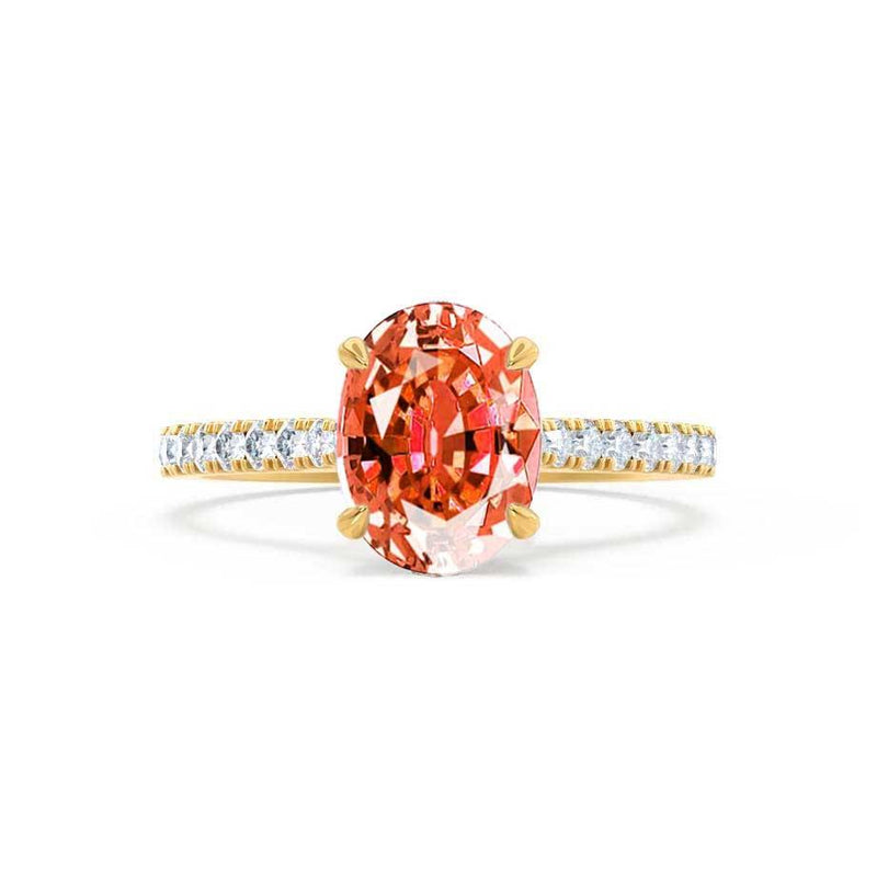VIOLA - Chatham® Padparadscha Oval & Diamond 18k Yellow Gold Shoulder Set Ring Engagement Ring Lily Arkwright