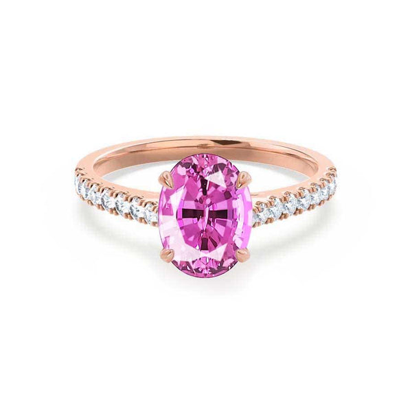 VIOLA - Chatham® Pink Sapphire Oval & Diamond 18k Rose Gold Shoulder Set Ring Engagement Ring Lily Arkwright