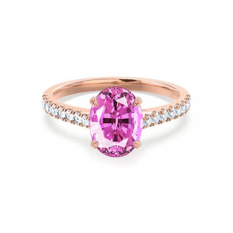 VIOLA - Chatham® Pink Sapphire Oval & Diamond 18k Rose Gold Shoulder Set Ring Engagement Ring Lily Arkwright