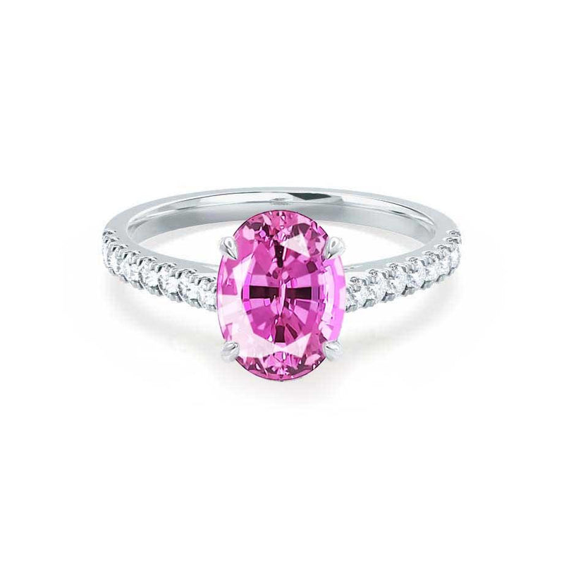 VIOLA - Chatham® Pink Sapphire Oval & Diamond 18k White Gold Shoulder Set Ring Engagement Ring Lily Arkwright