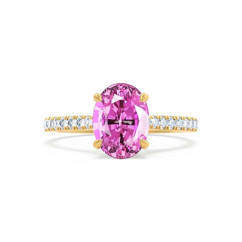 VIOLA - Chatham® Pink Sapphire Oval & Diamond 18k Yellow Gold Shoulder Set Ring Engagement Ring Lily Arkwright