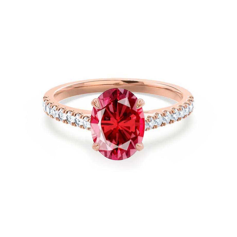 VIOLA - Chatham® Ruby Oval & Diamond 18k Rose Gold Shoulder Set Ring Engagement Ring Lily Arkwright
