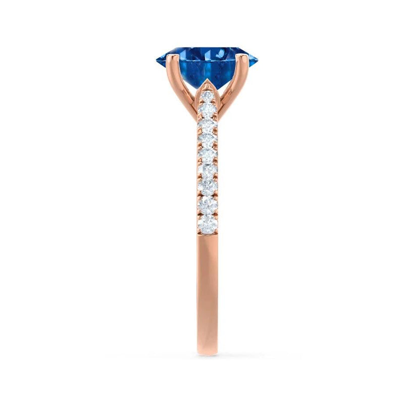 VIOLA - Chatham® Blue Sapphire Oval & Diamond 18k Rose Gold Shoulder Set Ring Engagement Ring Lily Arkwright