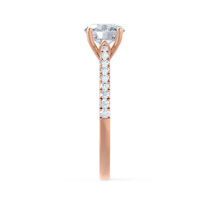 Viola - Round Moissanite & Diamond 18k Rose Gold Shoulder Set Ring Engagement Ring Lily Arkwright