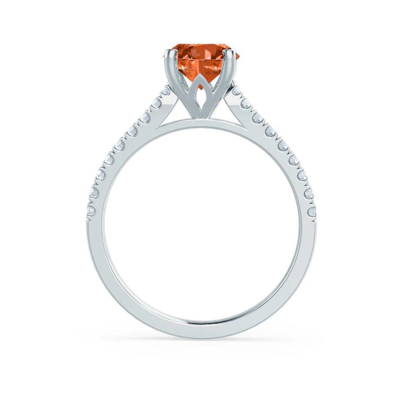 Viola Oval cut chatham padparadscha lab diamond engagement ring 18k white gold classic hidden halo Lily Arkwright 