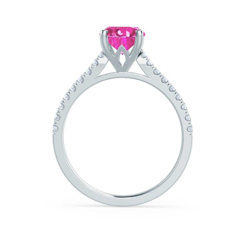 VIOLA - Chatham® Pink Sapphire Oval & Diamond 950 Platinum Shoulder Set Ring Engagement Ring Lily Arkwright