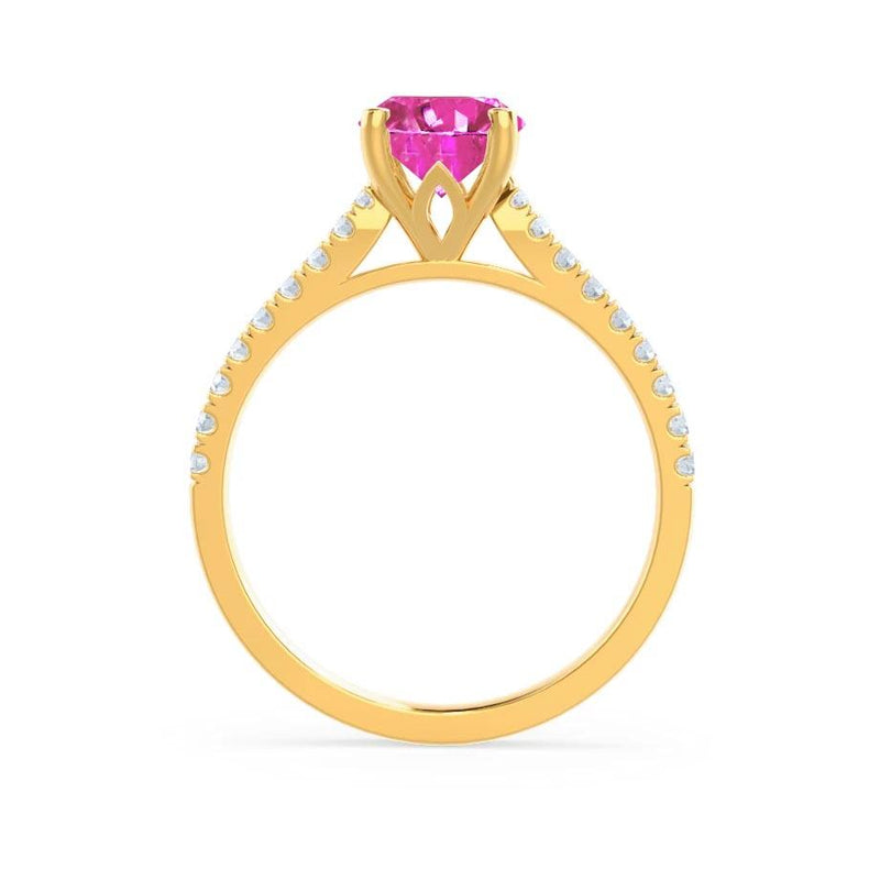 VIOLA - Chatham® Pink Sapphire Oval & Diamond 18k Yellow Gold Shoulder Set Ring Engagement Ring Lily Arkwright