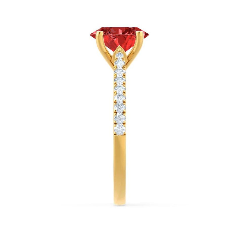 VIOLA - Chatham® Ruby Oval & Diamond 18k Yellow Gold Shoulder Set Ring Engagement Ring Lily Arkwright