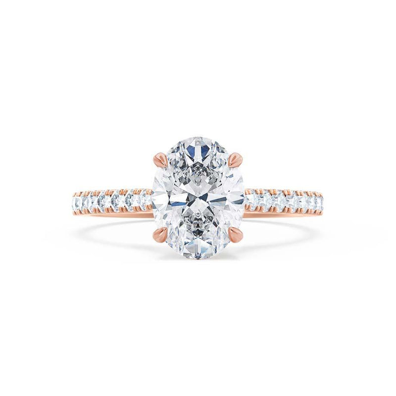 VIOLA - Oval Moissanite & Diamond 18k Rose Gold Shoulder Set Ring Engagement Ring Lily Arkwright