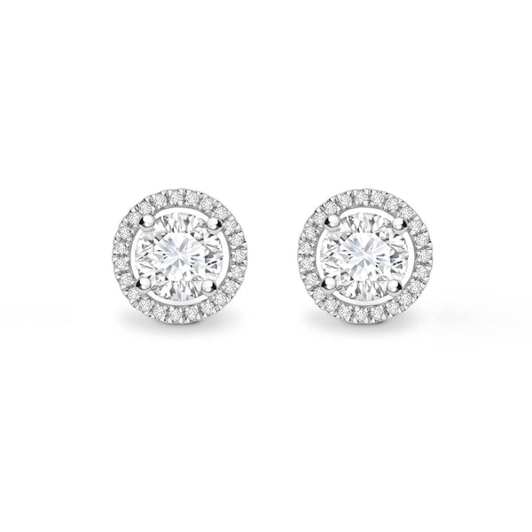 VOGUE - Round Moissanite & Diamond 18k White Gold Halo Earrings Earrings Lily Arkwright
