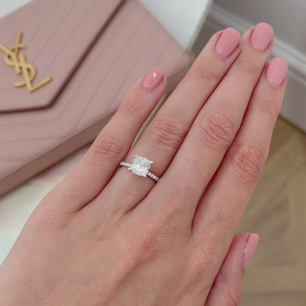Lively Cushion cut lab diamond with shoulder set and hidden halo 950 platinum engagement ring Lily Arkwright
