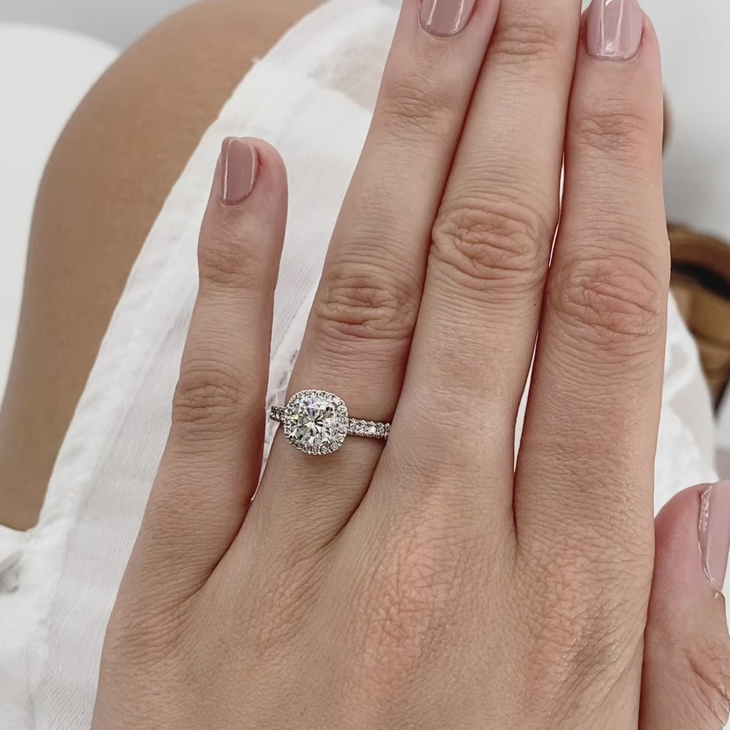 Caseada, cushion cut lab grown diamond halo shoulder set platinum engagement ring Lily Arkwright 
