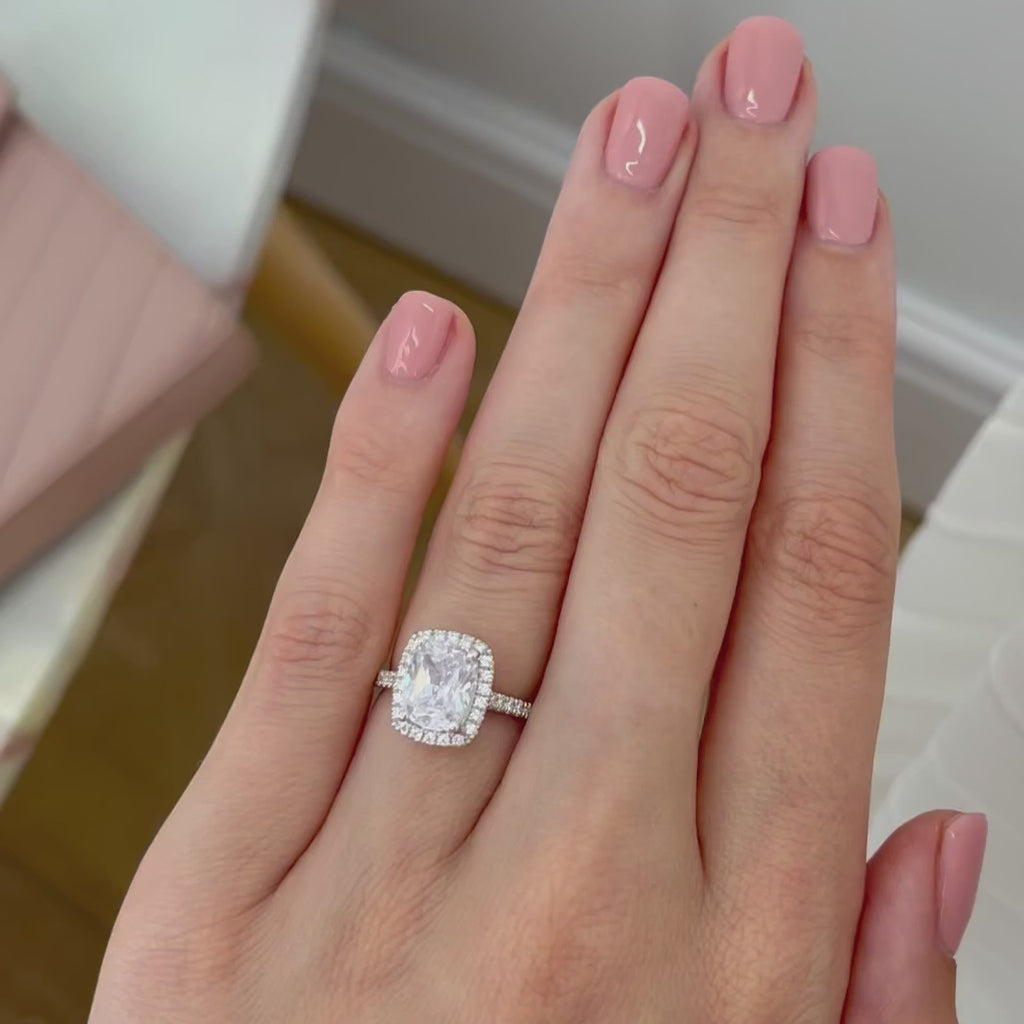 Darley, Elongated cushion cut lab grown diamond halo shoulder set platinum engagement ring Lily Arkwright 