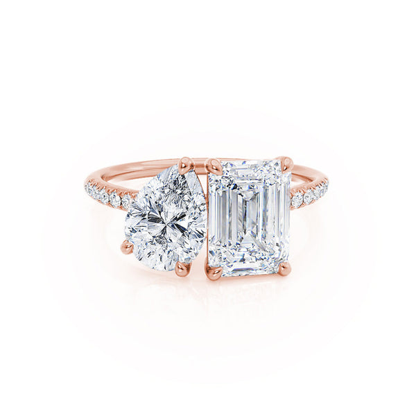 CELESTE - Toi et Moi Lab Diamond Emerald & Pear Diamond Band Ring 18k Rose Gold Engagement Ring Lily Arkwright