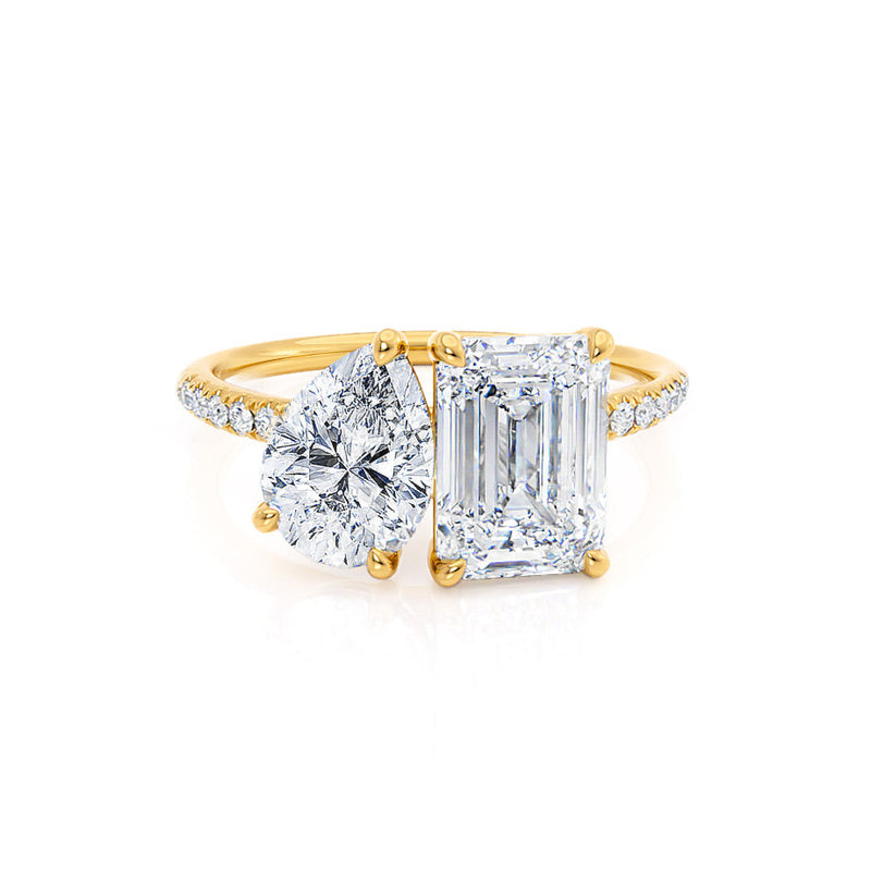 CELESTE - Toi et Moi Lab Diamond Emerald & Pear Diamond Band Ring 18k Yellow Gold Engagement Ring Lily Arkwright