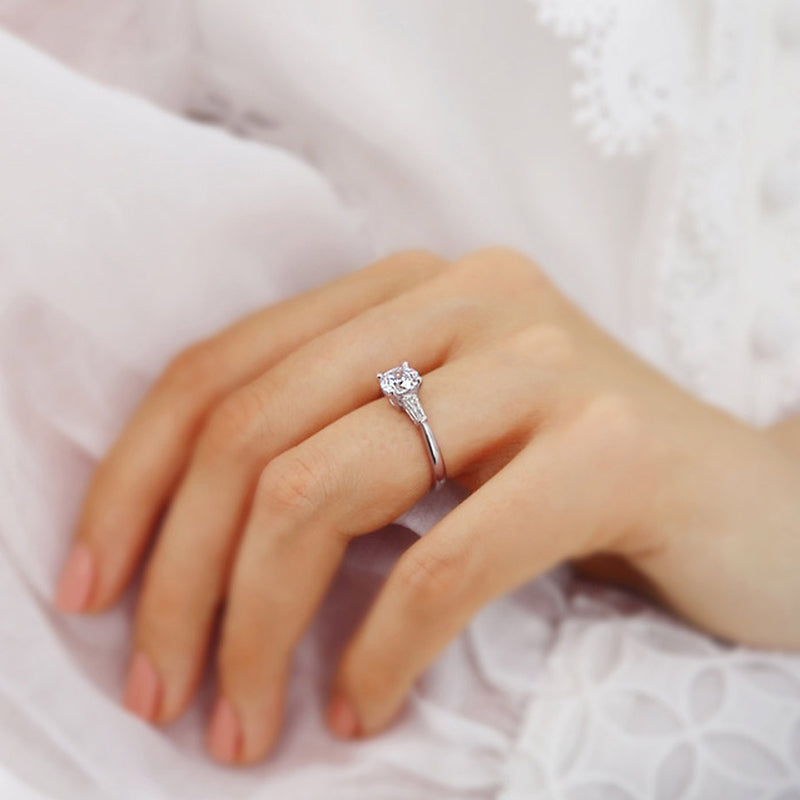 LOVETTA - Round Moissanite & Diamond Baguette Platinum Trilogy Engagement Ring Lily Arkwright